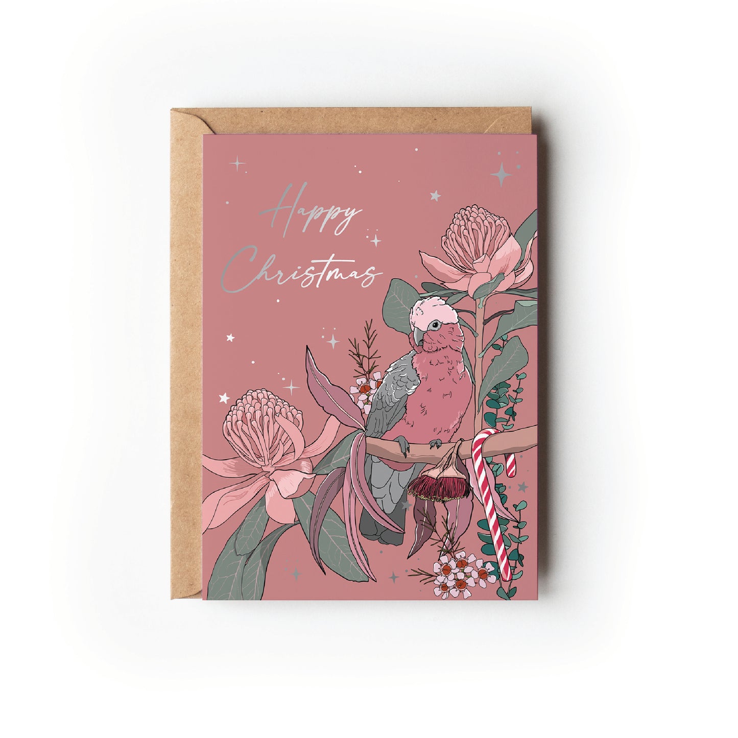 SILVER FOIL GALAH CHRISTMAS CARD
