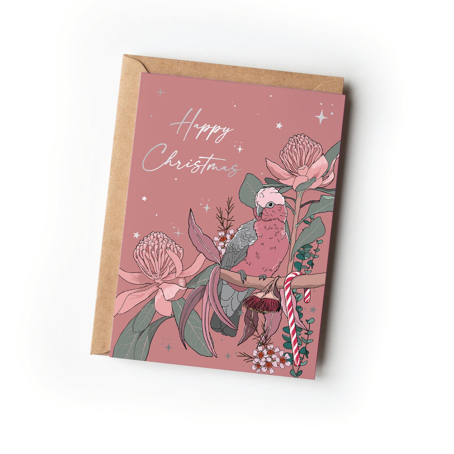 SILVER FOIL GALAH CHRISTMAS CARD