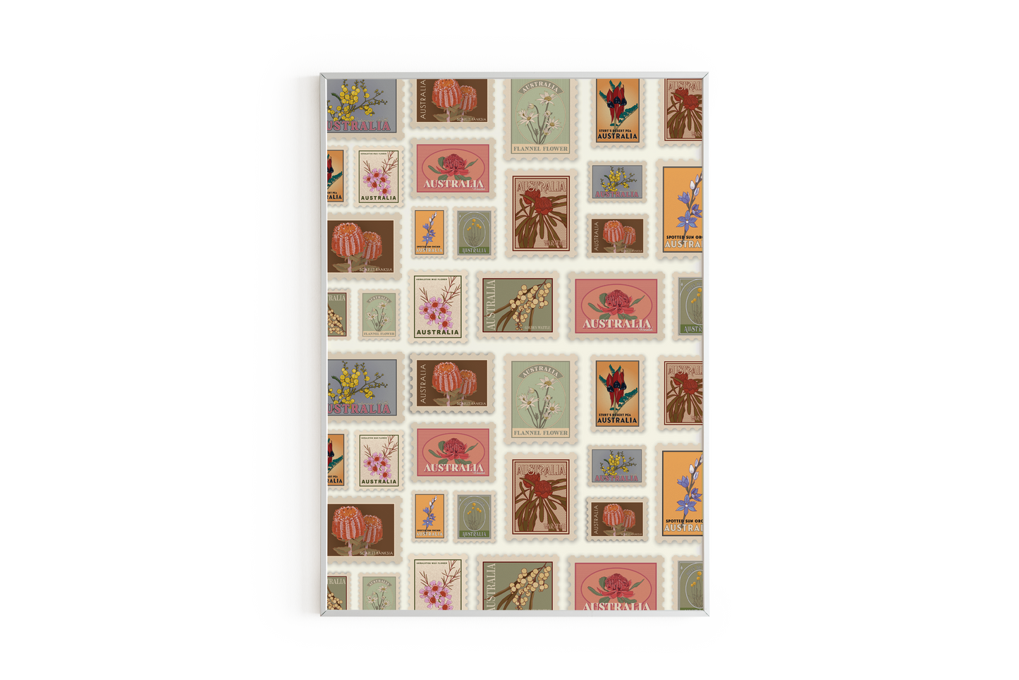 A4 poster with a variety of illustrated vintage stamps featuring floral and vintage motifs, predominantly in pink, brown, and white colors.