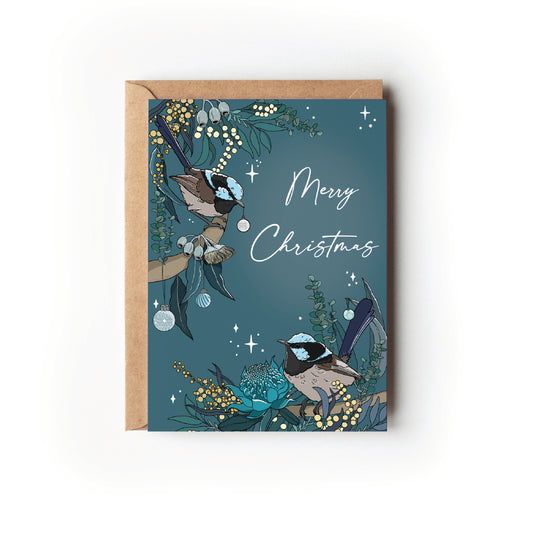 BLUE WRENS CHRISTMAS CARD - Case of 6