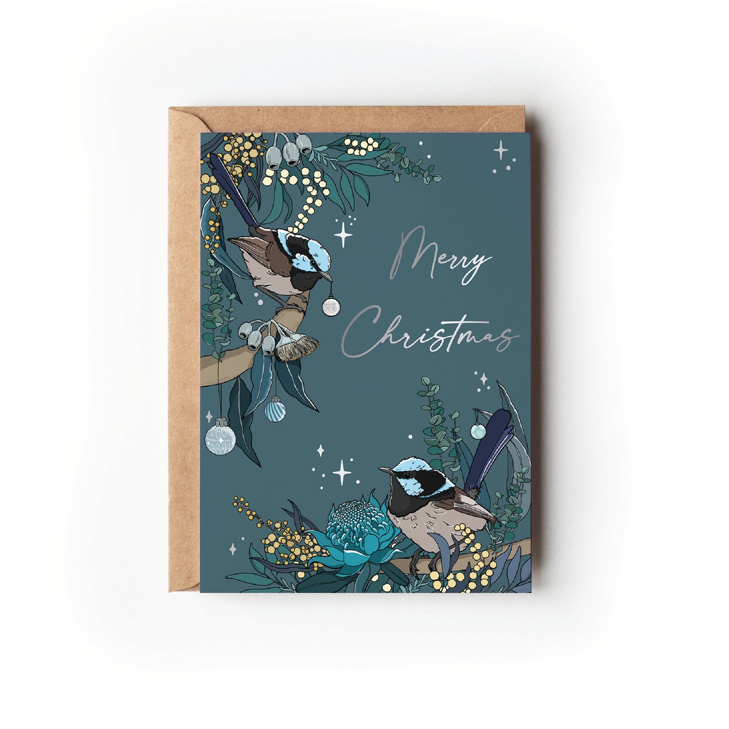 SILVER FOIL BLUE WREN CHRISTMAS CARD
