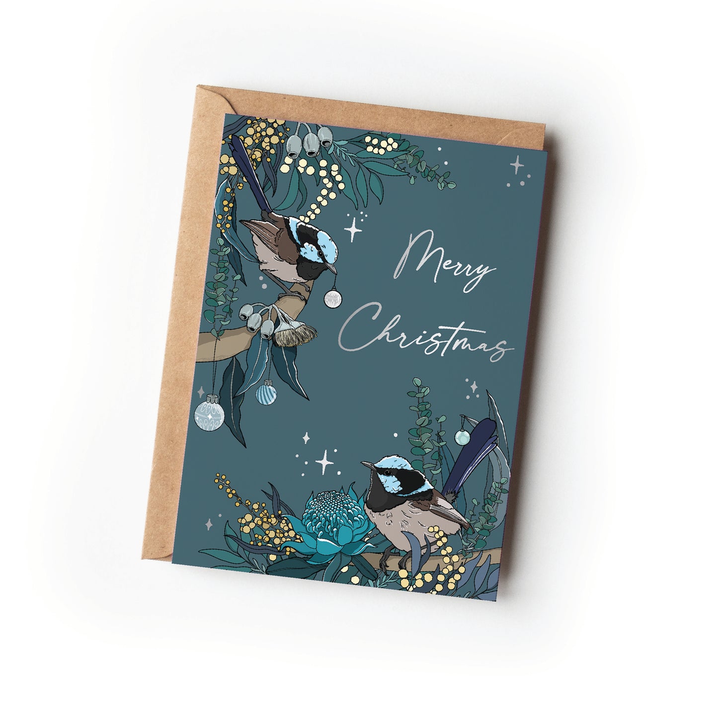 SILVER FOIL BLUE WREN CHRISTMAS CARD