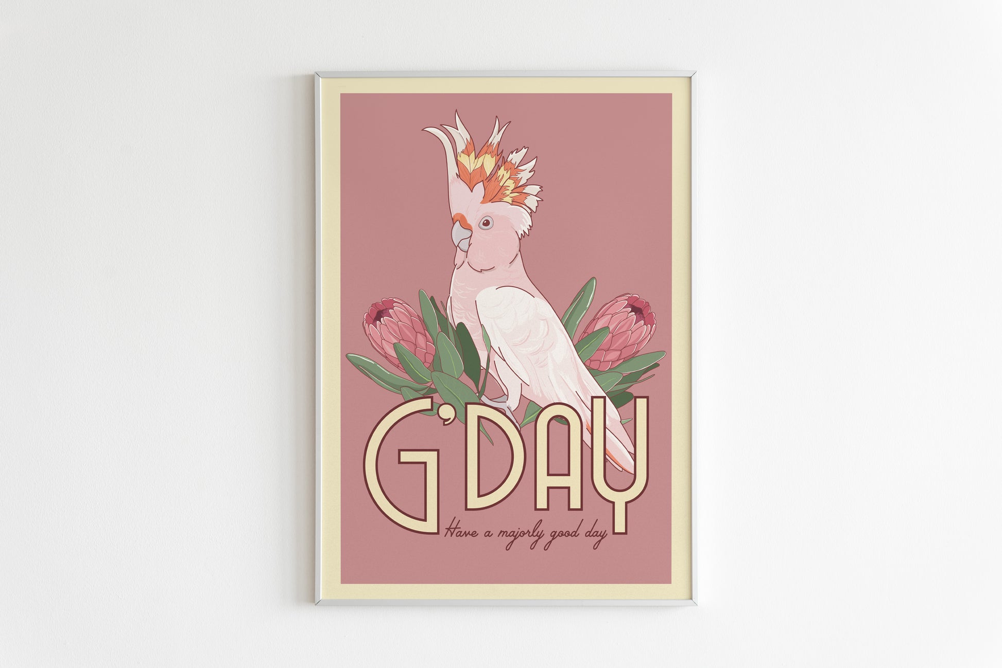An A4 poster featuring a pink cockatoo bird with a floral pattern and the text 'G'DAY' on a pink background.