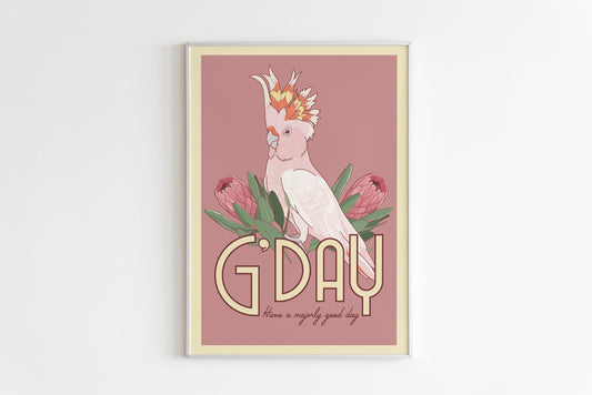 An A4 poster featuring a pink cockatoo bird with a floral pattern and the text 'G'DAY' on a pink background.