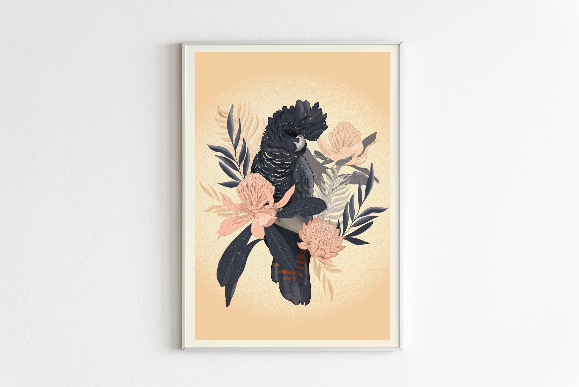 A4 poster featuring a black cockatoo surrounded by floral illustrations, with a beige background.